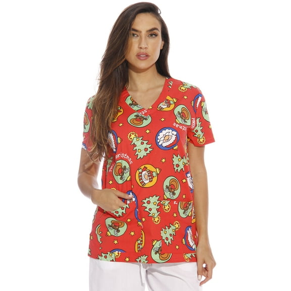 DreamCrest Women's Scrub Tops Holiday Scrubs Nursing Scrubs (Merry Xmas, Medium, Regular)