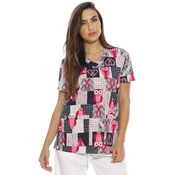 DreamCrest Women's Scrub Tops Holiday Scrubs Nursing Scrubs (Ribbon Print, Large, Regular)