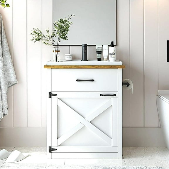 DreamCurship 24 " Bathroom Vanity with Sink, Farmhouse Bathroom Vanity Cabinet Set with Sliding Barn Door & Drawer, Freestanding Single Bath Storage Vanity Ceramic Sink, White