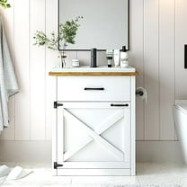 DreamCurship 24 " Bathroom Vanity with Sink, Farmhouse Bathroom Vanity Cabinet Set with Sliding Barn Door & Drawer, Freestanding Single Bath Storage Vanity Ceramic Sink, White