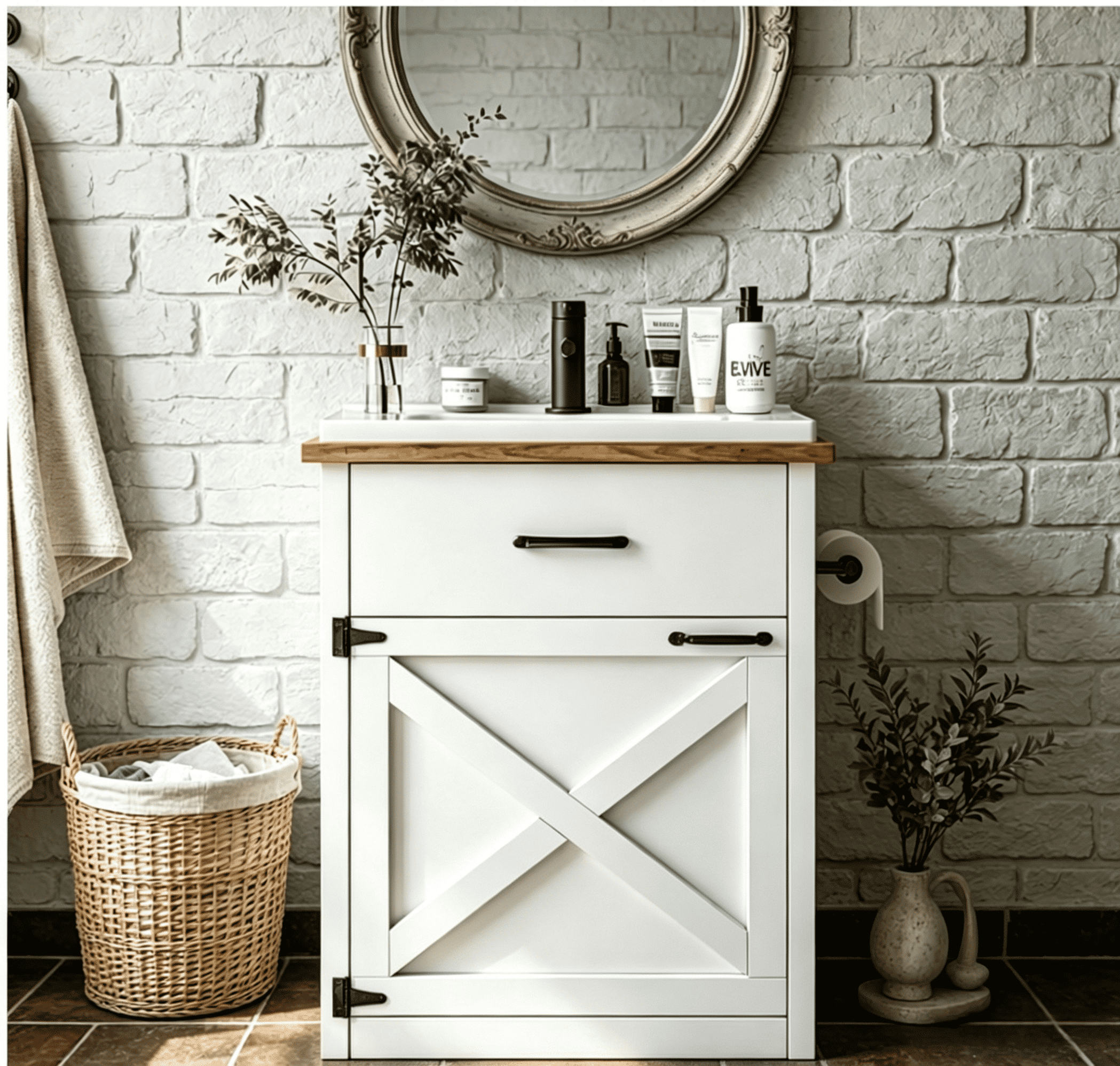 DreamCurship Farmhouse Bathroom Vanity with Sink, Freestanding Sliding Barn Door Drawer, Ceramic Sink, 24 Inch, White