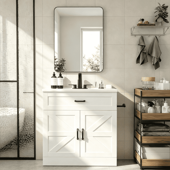 DreamCurship 31 " Bathroom Vanity with Sink, Farmhouse Bathroom Vanity Cabinet Set with Sliding Barn Door & Drawer, Freestanding Single Bath Storage Vanity Ceramic Sink, White