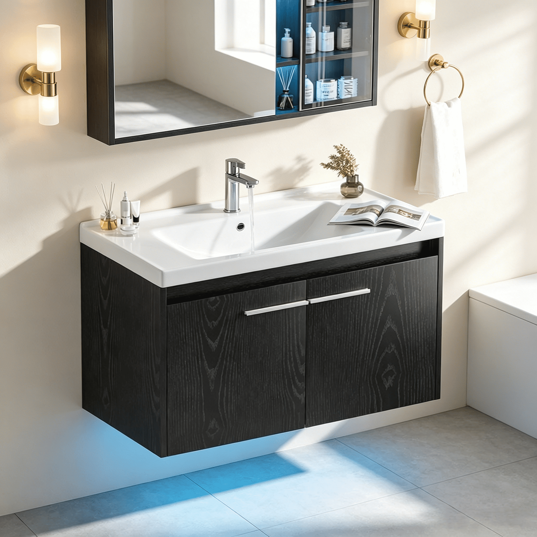 DreamCurship 31” Bathroom Vanity with Sink, Floating Bathroom Vanities with Adjustable LED Light, Bathroom Sink Cabinet with 2 Doors, Black