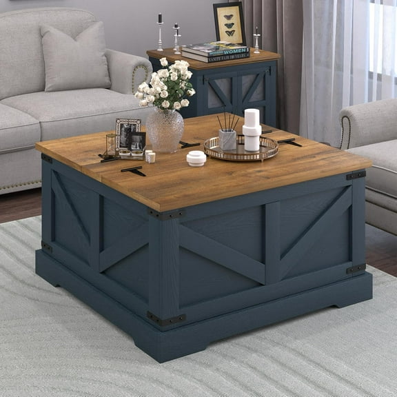 DreamCurship 31" Farmhouse Coffee Table with Storage, Square Large Center Table, Wood Center Coffee Table with Hidden Compartments for Living Room, Blue