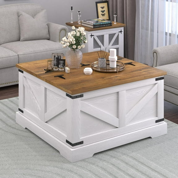 DreamCurship 31" Farmhouse Coffee Table with Storage, Square Large Center Table, Wood Center Coffee Table with Hidden Compartments for Living Room, White