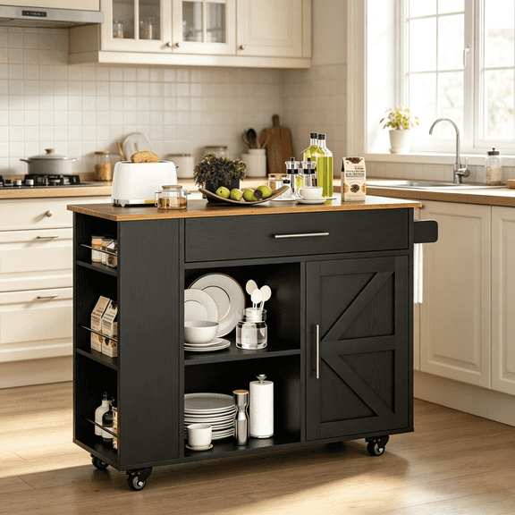 DreamCurship 39" Kitchen Island Cart with Storage, Kitchen Cart Island on Wheels, Rolling Kitchen Island with Spice Rack & Towel Rack, Island Table for Kitchen, Black