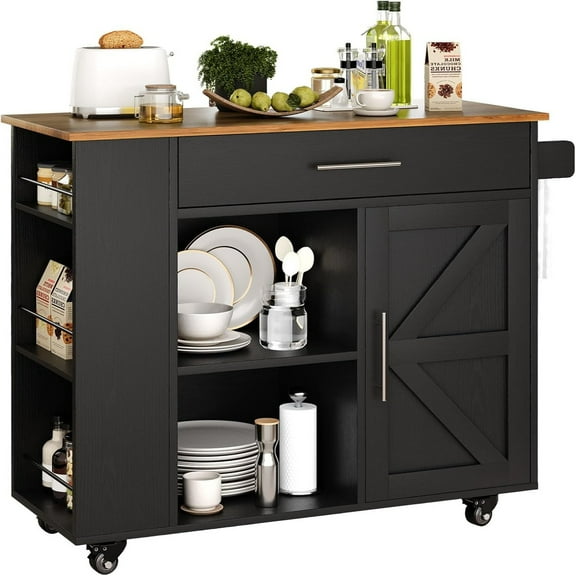 DreamCurship 39" Kitchen Island Cart with Storage, Kitchen Cart Island on Wheels, Rolling Kitchen Island with Spice Rack & Towel Rack, Island Table for Kitchen, Black