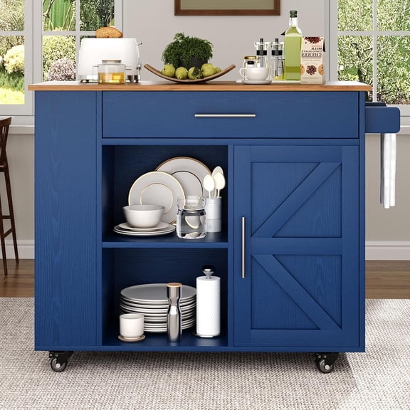 DreamCurship 39" Kitchen Island Cart with Storage, Kitchen Cart Island on Wheels, Rolling Kitchen Island with Spice Rack & Towel Rack, Island Table for Kitchen, Blue