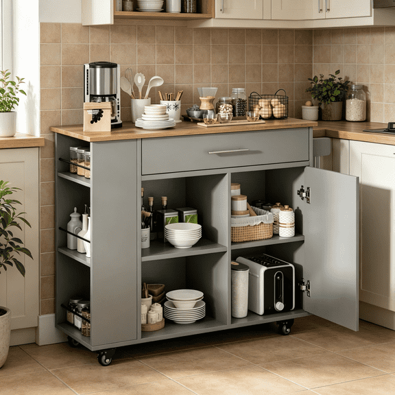 DreamCurship 39" Kitchen Island Cart with Storage, Kitchen Cart Island on Wheels, Rolling Kitchen Island with Spice Rack & Towel Rack, Island Table for Kitchen, Gray