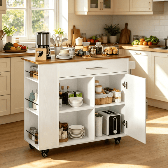 DreamCurship 39" Kitchen Island Cart with Storage, Kitchen Cart Island on Wheels, Rolling Kitchen Island with Spice Rack & Towel Rack, Island Table for Kitchen, White