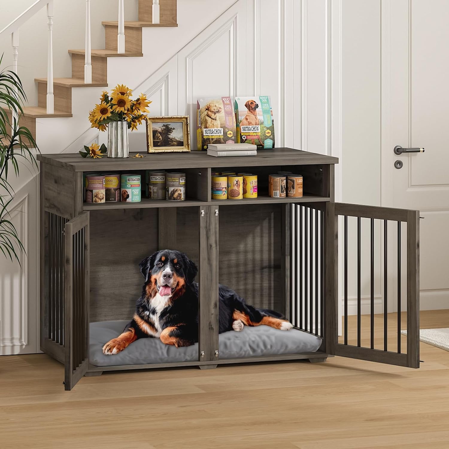 DreamCurship 41 Inch Dog Crate Furniture, 2-Door Wooden Dog Crate Kennel Furniture with Divider, Indoor Dogs Kennel for Small to Medium, Wash Gray