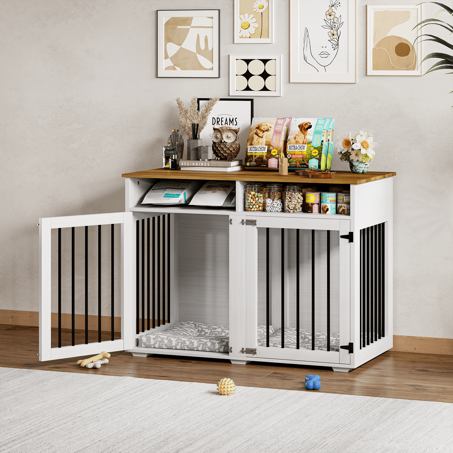 DreamCurship 41 Inch Dog Crate Furniture, 2-Door Wooden Dog Crate ...