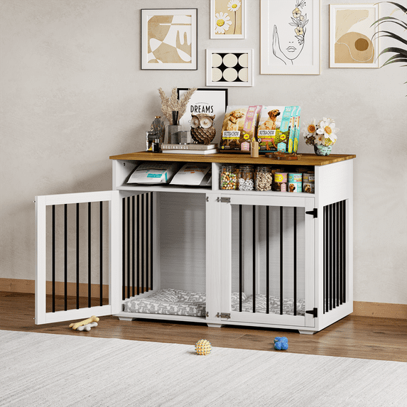 DreamCurship 41 Inch Dog Crate Furniture, 2-Door Wooden Dog Crate Kennel Furniture with Divider, Indoor Dogs Kennel for Small to Medium, White