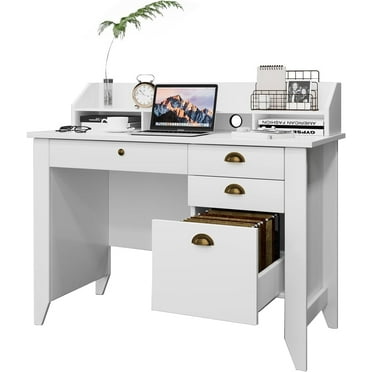 DreamCurship 47" Computer Desk with Drawers, Home Office Study Desk with File Drawers, Small Desk with Hutch Shelf, White