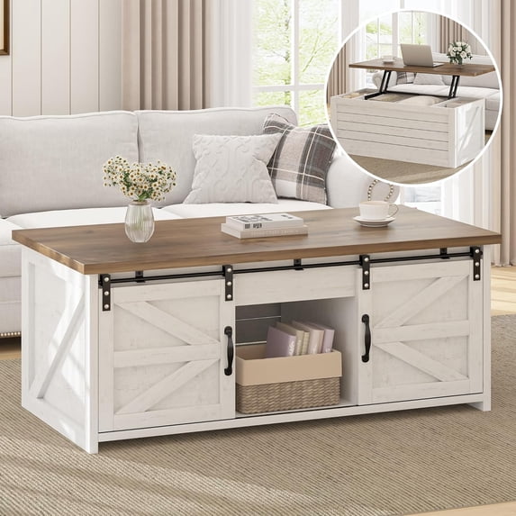 DreamCurship 48" Farmhouse Lift Top Coffee Table with Storage, Wooden Center Coffee Table for Living Room, Coffee Table with Sliding Barn Door, Hidden Compartmen,White