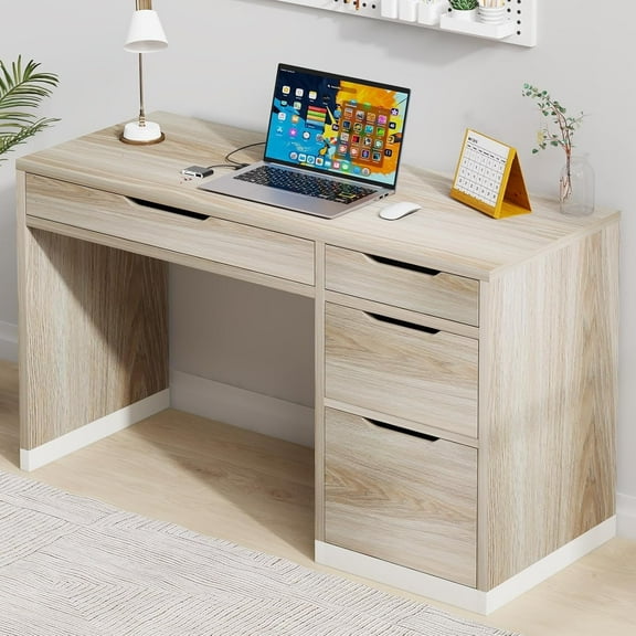 DreamCurship 52 inch Computer Desk with 4 Storage Drawers, Home Office Desk with Storage for Small Space, Writing Desk with File Cabinet, White and Walnut