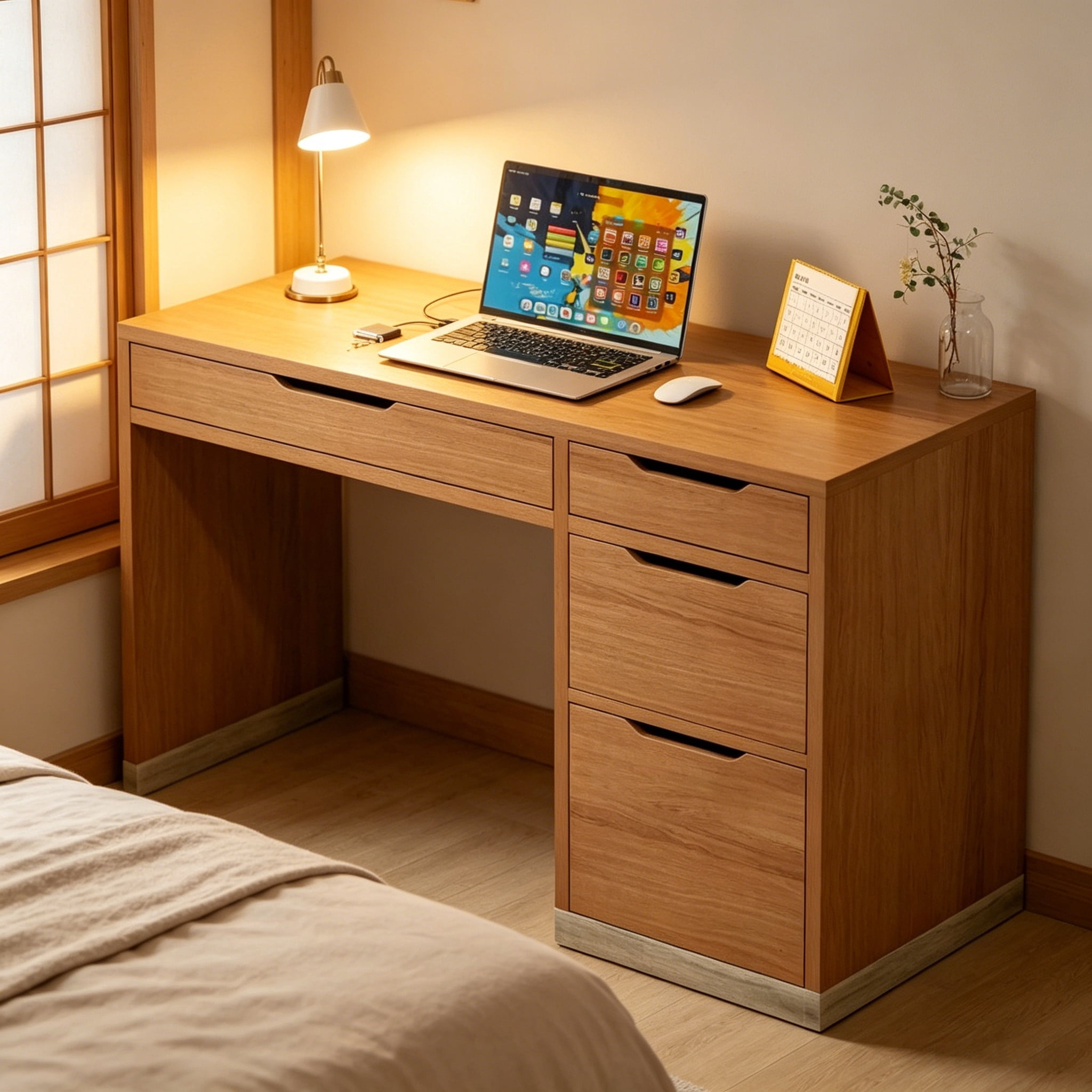 DreamCurship 52 Inch Computer Desk with 4 Storage Drawers,Home Office Desk with Storage for Small Space，Writing Desk with File Cabinet, Brown