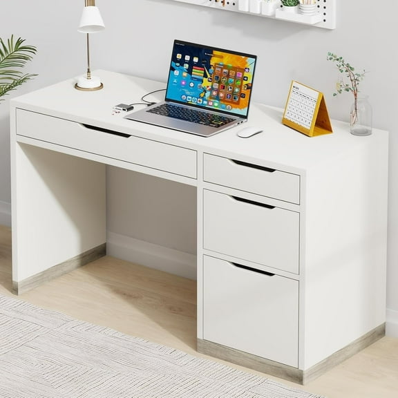 DreamCurship 52 inch White Desk with 4 Storage Drawers, Home Office Desk for Small Spaces, Computer Desk with File Cabinet, White