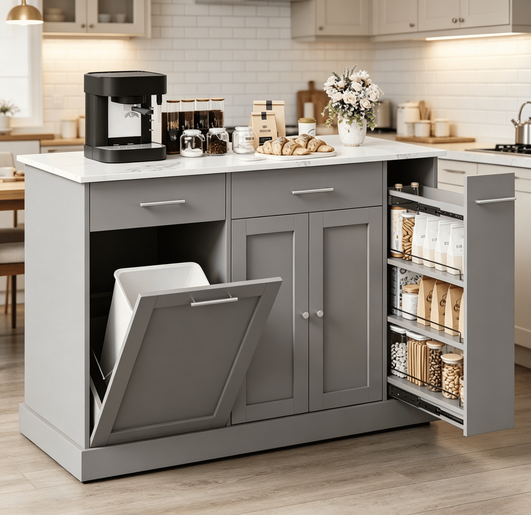 DreamCurship 52" Kitchen Island with Storage, Rolling Kitchen Cart Island with Wheels, Tilt Out Kitchen Trash Cabinet 10 Gallon Storage, 3 Large Spice Racks and 2 Drawers, Gray