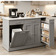 DreamCurship 52" Kitchen Island with Storage, Rolling Kitchen Cart Island with Wheels, Tilt Out Kitchen Trash Cabinet 10 Gallon Storage, 3 Large Spice Racks and 2 Drawers, Gray
