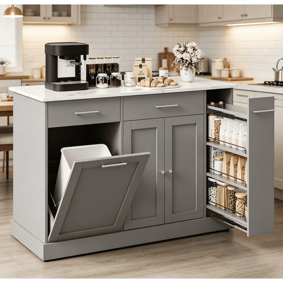 DreamCurship 52" Kitchen Island with Storage, Rolling Kitchen Cart Island with Wheels, Tilt Out Kitchen Trash Cabinet 10 Gallon Storage, 3 Large Spice Racks and 2 Drawers, Gray