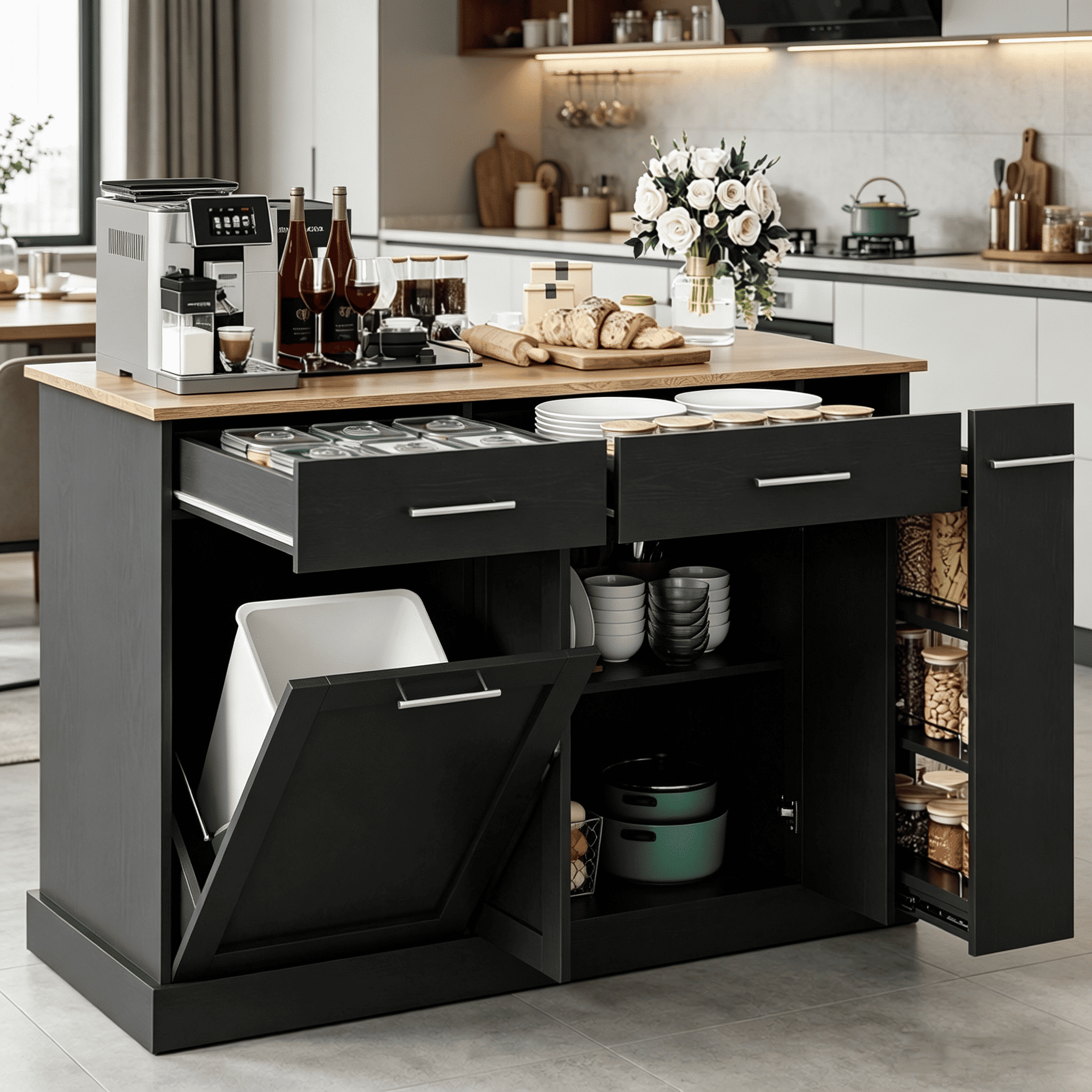 DreamCurship 52" Kitchen Island with Storage, Rolling Kitchen Cart Island with Wheels, Tilt Out Kitchen Trash Cabinet 10 Gallon Storage, 3 Large Spice Racks and 2 Drawers, Black and Brown