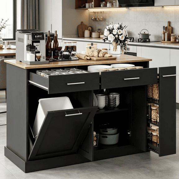 DreamCurship 52" Kitchen Island with Storage, Rolling Kitchen Cart Island with Wheels, Tilt Out Kitchen Trash Cabinet 10 Gallon Storage, 3 Large Spice Racks and 2 Drawers, Black and Brown