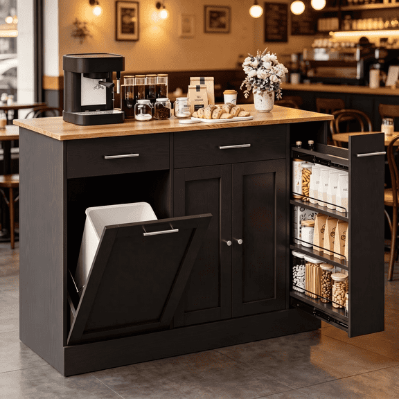 Catrimown DreamCurship 52" Farmhouse Rolling Kitchen Island Cart, 10 Gallon Tilt Out Trash Bin, Spice Racks & Storage Drawers, Black Brown