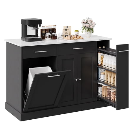 DreamCurship 52" Kitchen Island with Storage, Rolling Kitchen Cart Island with Wheels, Tilt Out Kitchen Trash Cabinet 10 Gallon Storage, 3 Large Spice Racks and 2 Drawers, Black and Marble
