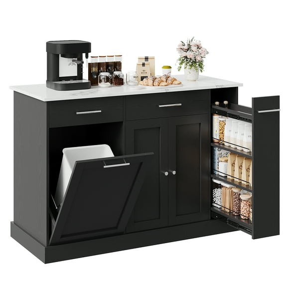 DreamCurship 52" Kitchen Island with Storage, Rolling Kitchen Cart Island with Wheels, Tilt Out Kitchen Trash Cabinet 10 Gallon Storage, 3 Large Spice Racks and 2 Drawers, Black and Marble