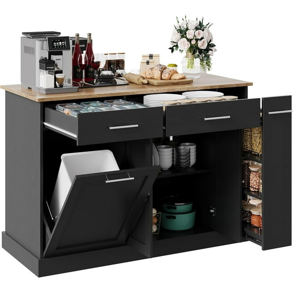 DreamCurship 52" Kitchen Island with Storage, Rolling Kitchen Cart Island with Wheels, Tilt Out Kitchen Trash Cabinet 10 Gallon Storage, 3 Large Spice Racks and 2 Drawers, Black and Brown