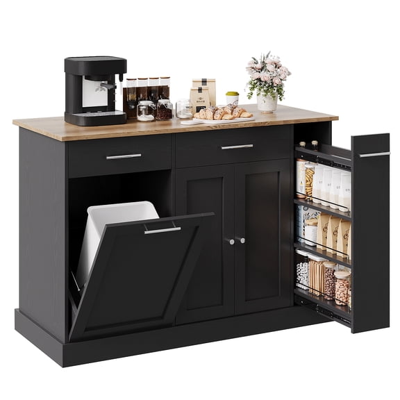 DreamCurship 52" Kitchen Island with Storage, Rolling Kitchen Cart Island with Wheels, Tilt Out Kitchen Trash Cabinet 10 Gallon Storage, 3 Large Spice Racks and 2 Drawers, Black and Brown