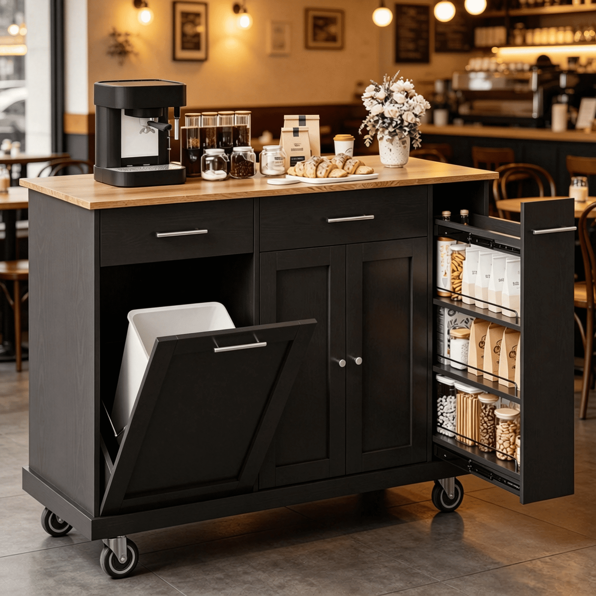 Catrimown DreamCurship 52" Farmhouse Rolling Kitchen Island Cart, 10 Gallon Tilt Out Trash Bin, Spice Racks & Storage Drawers, Black Brown