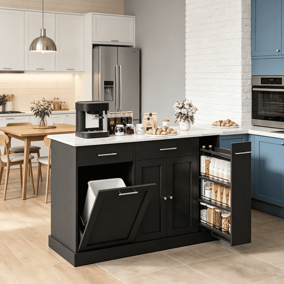 DreamCurship 52" Kitchen Island with Storage, Rolling Kitchen Cart Island with Wheels, Tilt Out Kitchen Trash Cabinet 10 Gallon Storage, 3 Large Spice Racks and 2 Drawers, Black and Marble