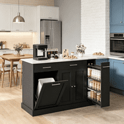 DreamCurship 52 Kitchen Island with Storage, Rolling Kitchen Cart Island with Wheels, Tilt Out Kitchen Trash Cabinet 10 Gallon Storage, 3 Large Spice Racks and 2 Drawers, Black and Marble