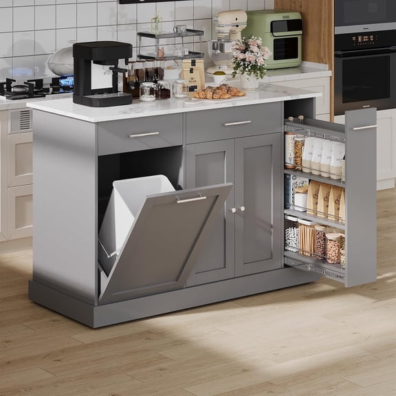 DreamCurship 52" Kitchen Island with Storage, Rolling Kitchen Cart Storage Cabinet with Drawer, Dedicated trash can compartment, kitchen island on wheels, Gray