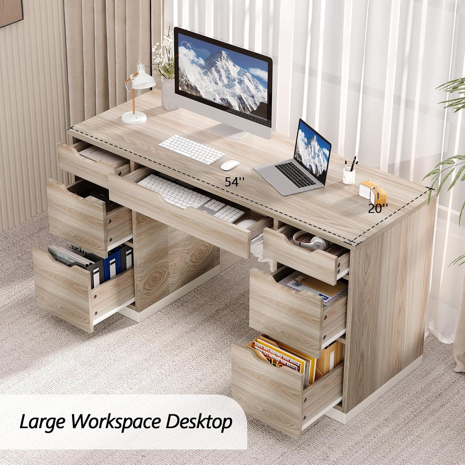 DreamCurship 54" Executive Desk with Storage, Computer Desk with 7 Drawers, Wood Home Office Desk with File Drawers, White and Gray