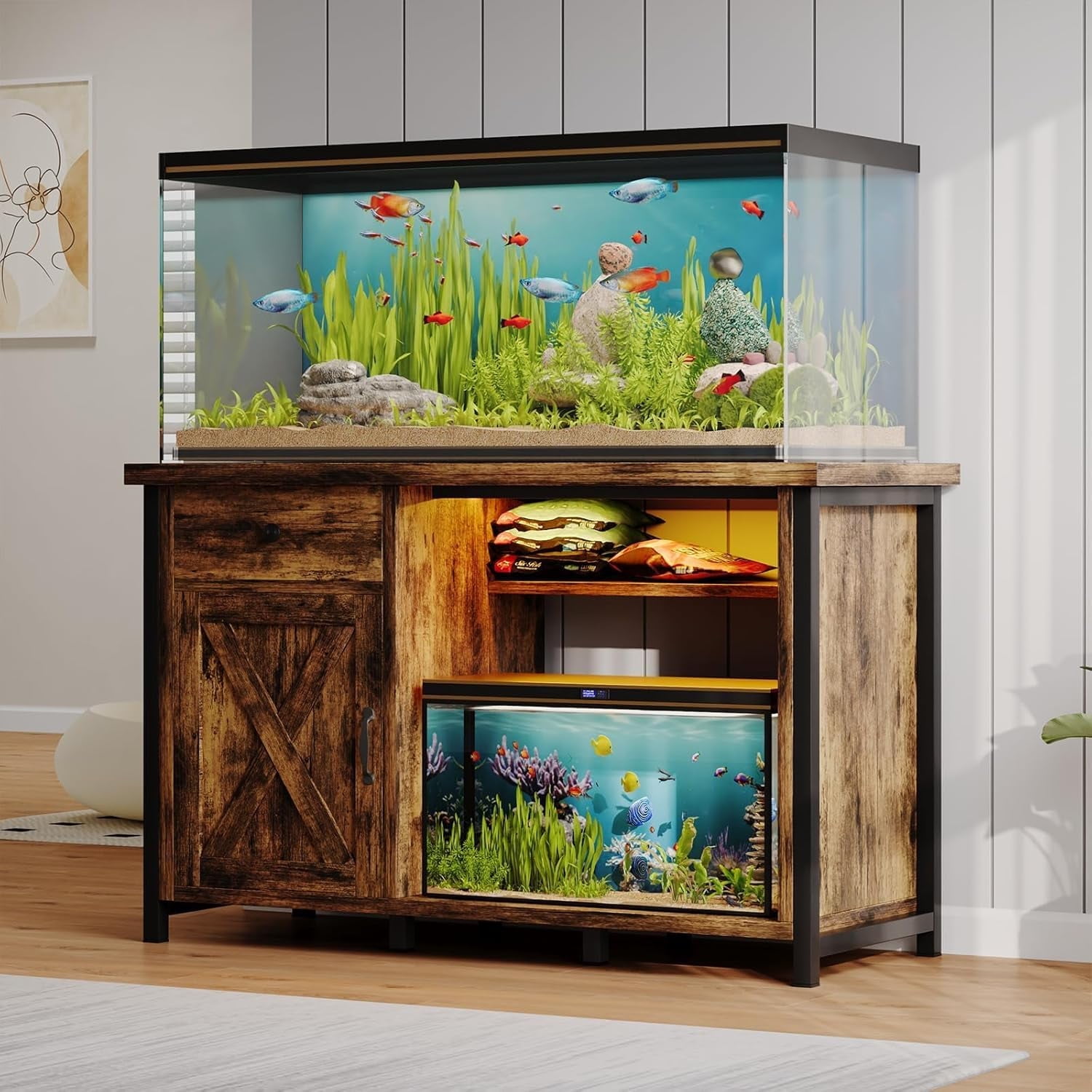 DreamCurship 55-75 Gallon Aquarium Stand with Storage Cabinet & Power Outlets LED Light, Fish Tank Stand with Drawer & Barn Door, Suitable for Fish Tank Stand, Turtle Tank, Reptile Terrarium, Brown