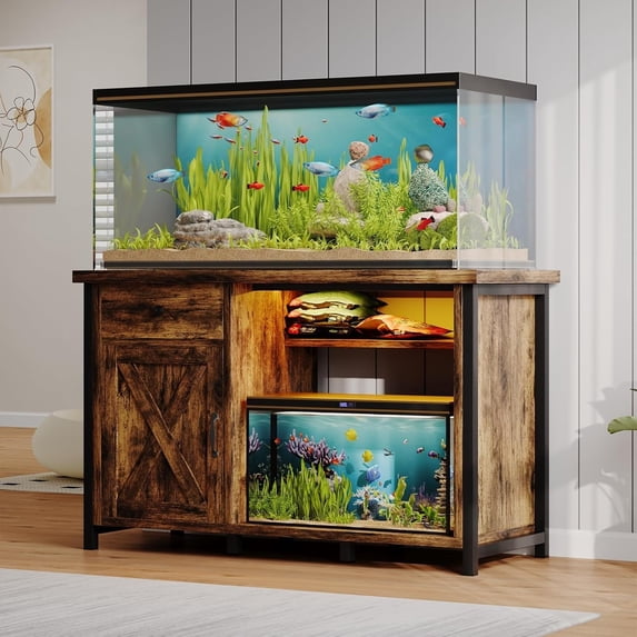 DreamCurship 55-75 Gallon Aquarium Stand with Storage Cabinet & Power Outlets LED Light, Fish Tank Stand with Drawer & Barn Door, Suitable for Fish Tank Stand, Turtle Tank, Reptile Terrarium, Brown