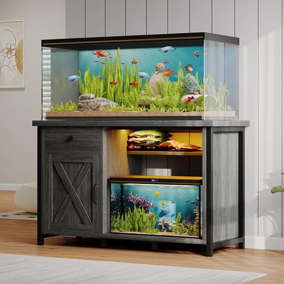 DreamCurship 55-75 Gallon Aquarium Stand with Storage Cabinet & Power Outlets LED Light, Fish Tank Stand with Drawer & Barn Door, Suitable for Fish Tank Stand, Turtle Tank, Reptile Terrarium, Gray