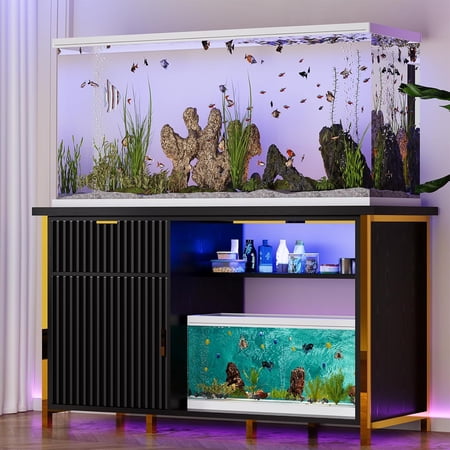DreamCurship 55-75 Gallon Fish Tank Stand with Power Outlet and Led Light, RGB Lighting Strip Ideal for Turtle Enclosure, Reptile Terrarium, Black and Gold