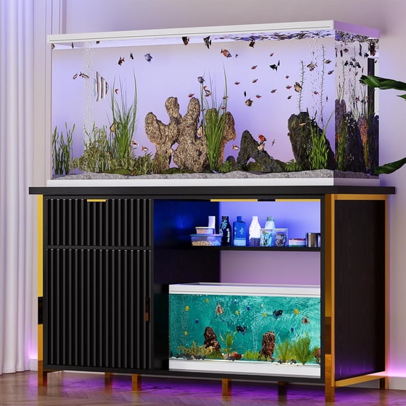 DreamCurship 55-75 Gallon Fish Tank Stand with Power Outlet and Led Light, RGB Lighting Strip Ideal for Turtle Enclosure, Reptile Terrarium, Black and Gold