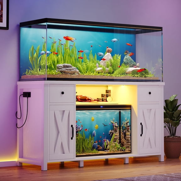 DreamCurship 55-75 Gallon Fish Tank Stand with LED Lights, 52" Aquarium Stand with Power Outlets, Heavy Duty Tank Stand for 2 Fish Tank, White