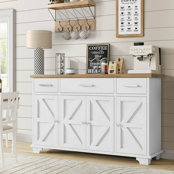 DreamCurship 55" Buffet Sideboard Cabinet, Kitchen Storage Cabinet with Doors, Modern Farmhouse Coffee Bar for Dining Room Living Room, White