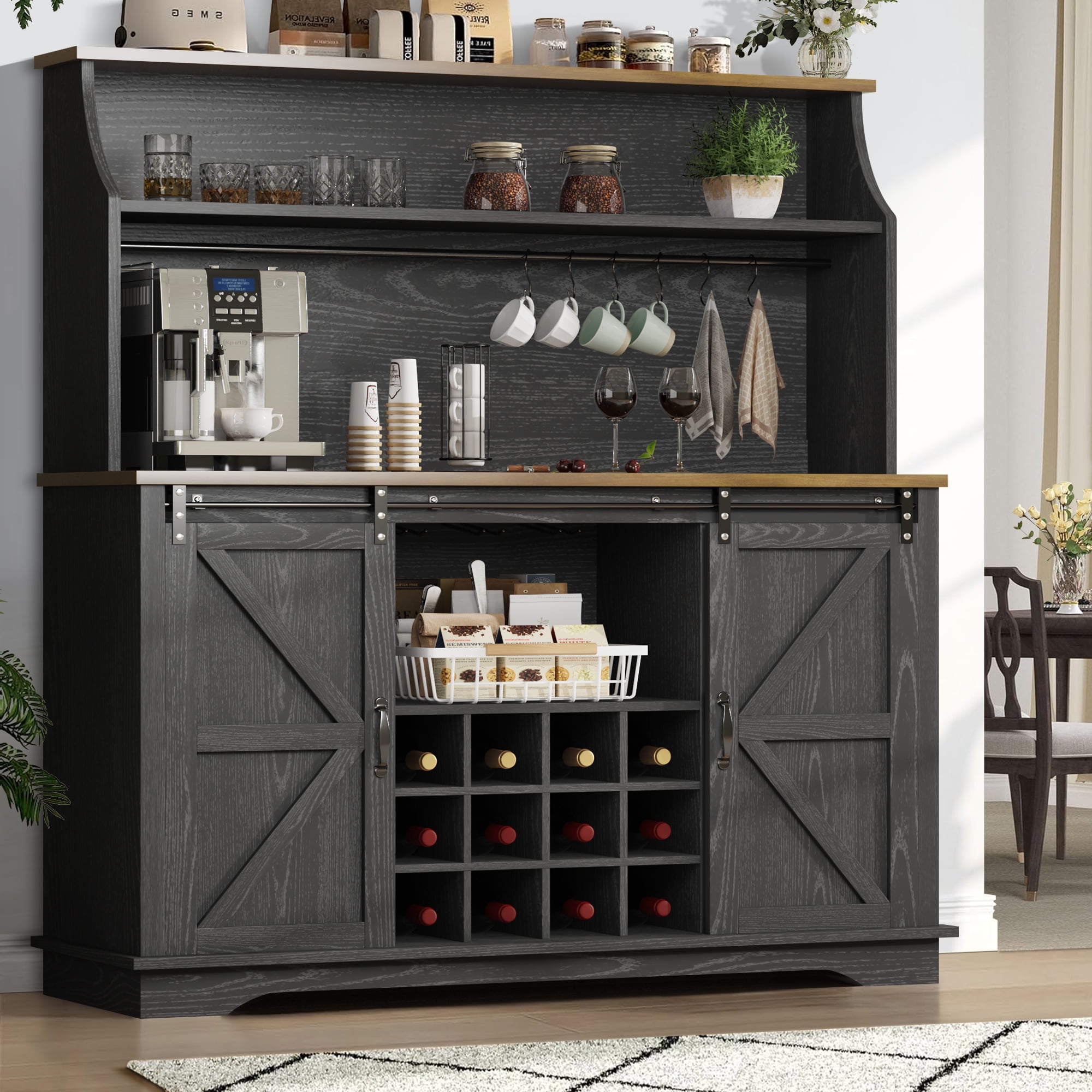 DreamCurship Farmhouse Coffee Bar Cabinet 55 Inch 3-Tier Storage Hutch ...