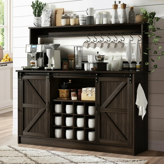 DreamCurship 55”Farmhouse Coffee Bar Cabinet, Sideboard Buffet Cabinet with 2 Doors, Kitchen Storage Cabinet with 12 Wine Racks & 8 Cup Hooks for Kitchen, Dining Room, Dark Oak