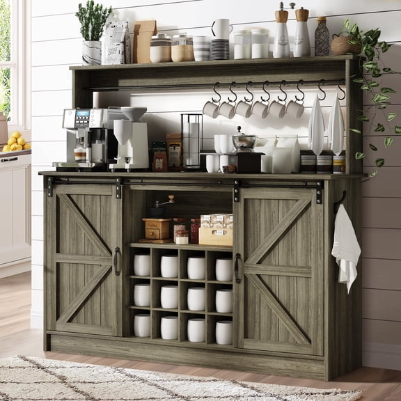 DreamCurship 55”Farmhouse Coffee Bar Cabinet, Sideboard Buffet Cabinet with 2 Doors, Kitchen Storage Cabinet with 12 Wine Racks & 8 Cup Hooks for Kitchen, Dining Room, Wash Gray