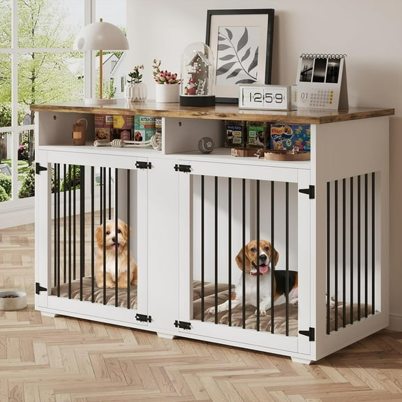 DreamCurship 55 Inch Dog Crate Furniture, 2-Door Wooden Dog Crate Kennel Furniture with Divider, Indoor Dogs Kennel for Small to Medium, White