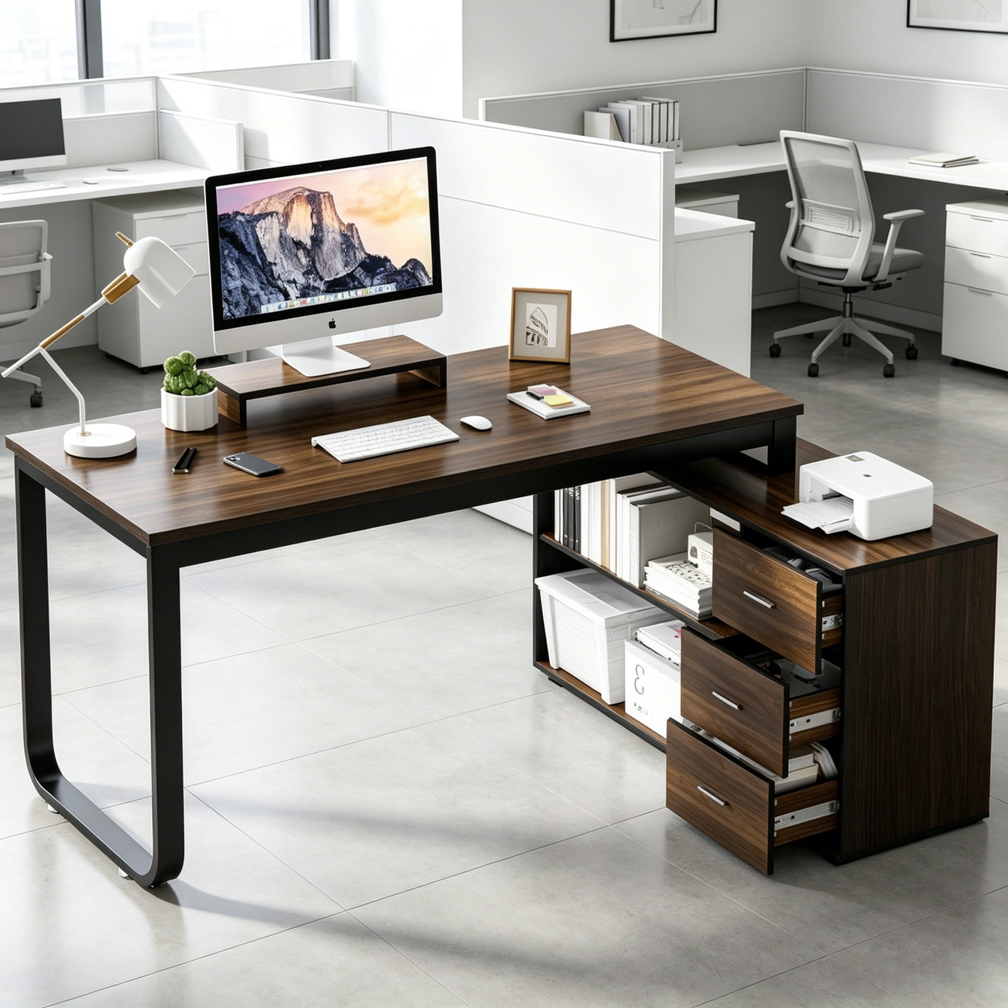DreamCurship 55 Inch Reversible L Shaped Desk with 3 Storage Drawers, Computer Desk with Shelves and Monitor Stand, Corner Desk for Small Spaces, Black