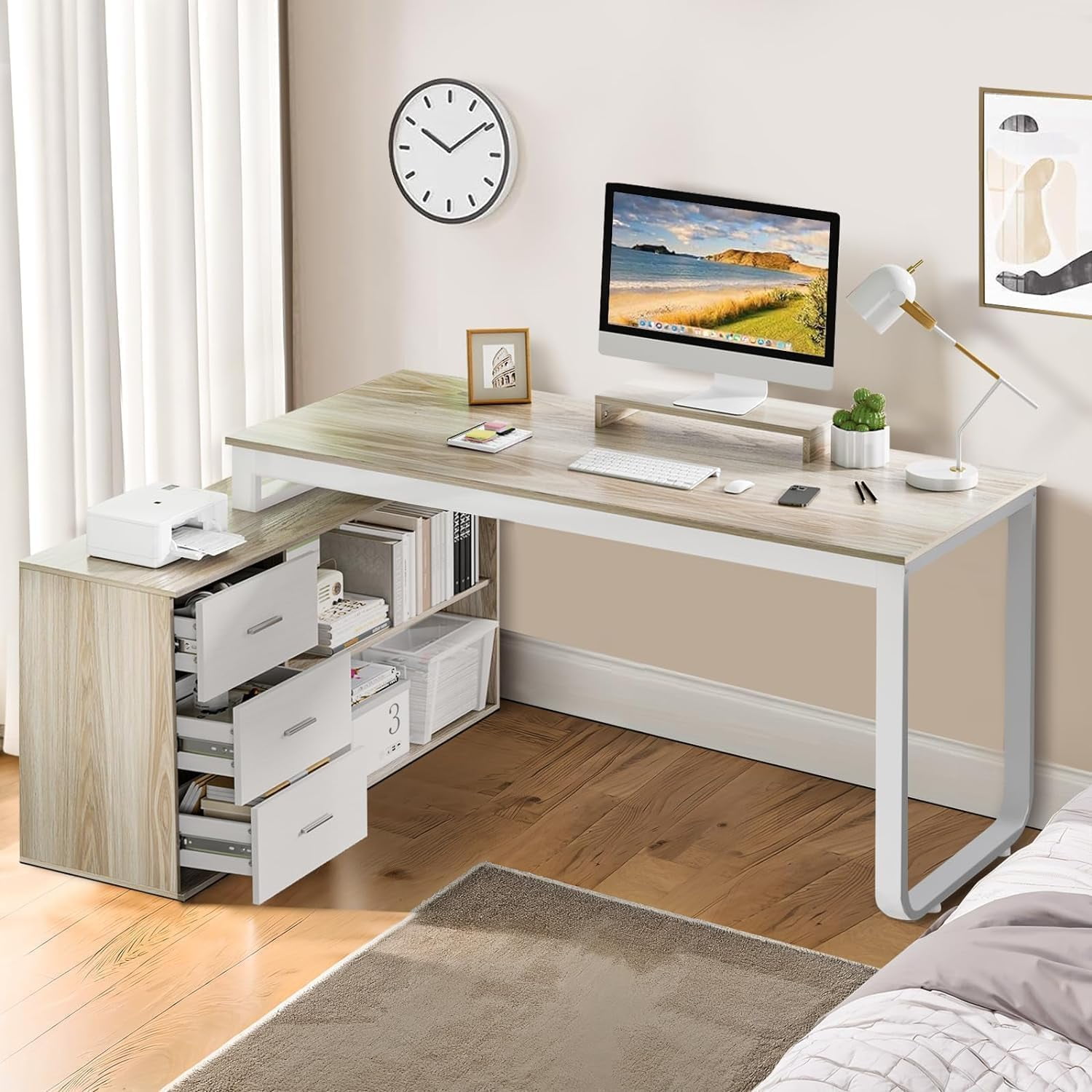 DreamCurship 55 Inch Reversible L Shaped Desk with 3 Storage Drawers ...